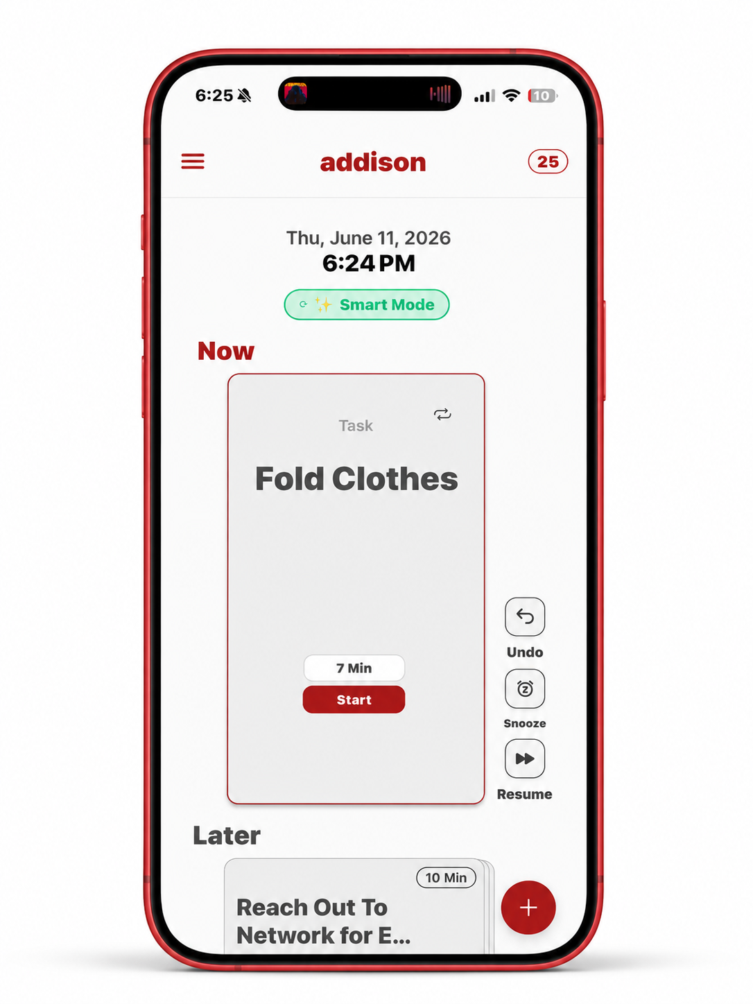 Addison app showing the current task to focus on